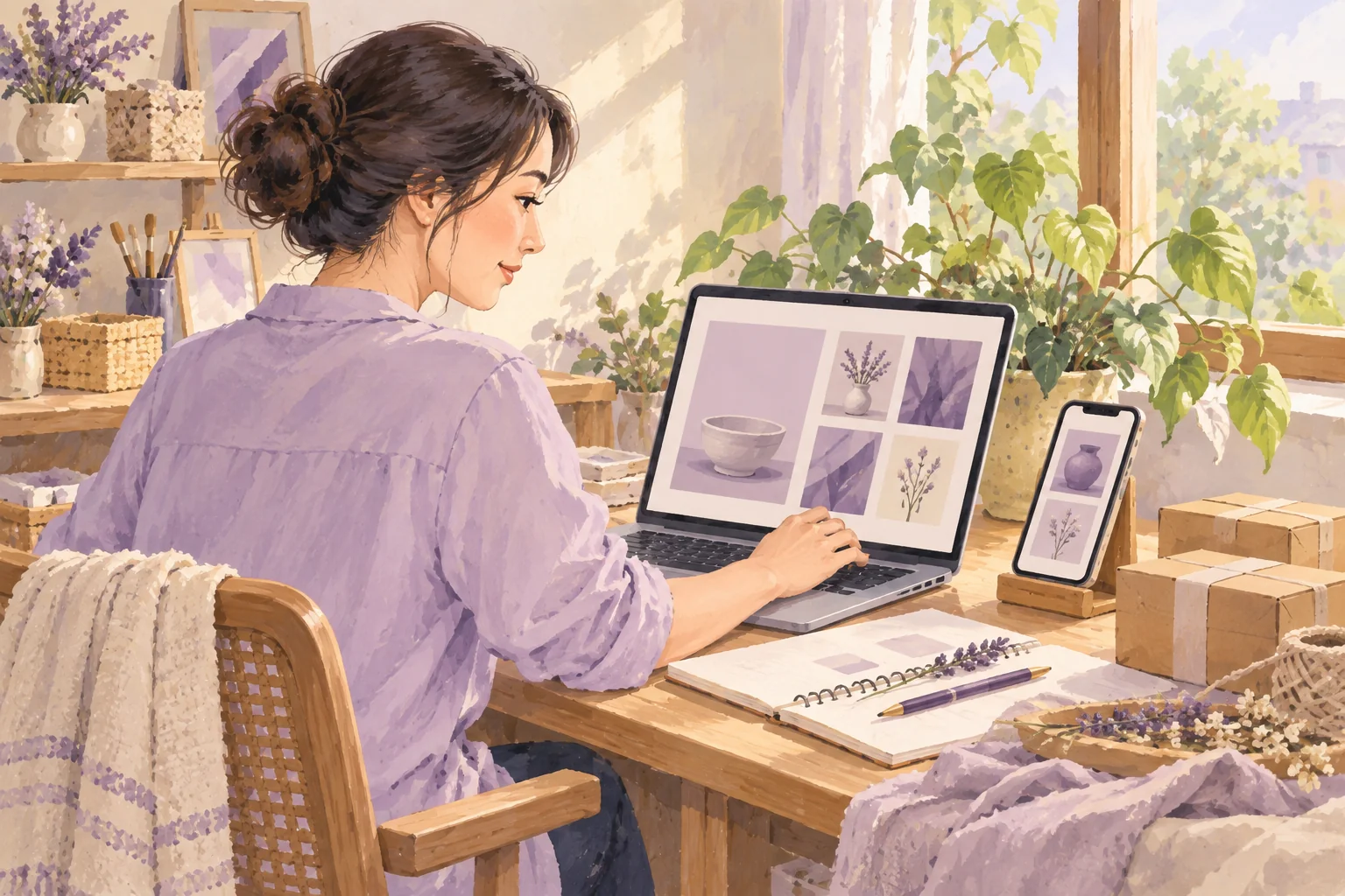 女性運用筆電與手機整理作品展示的 AI 示意插畫