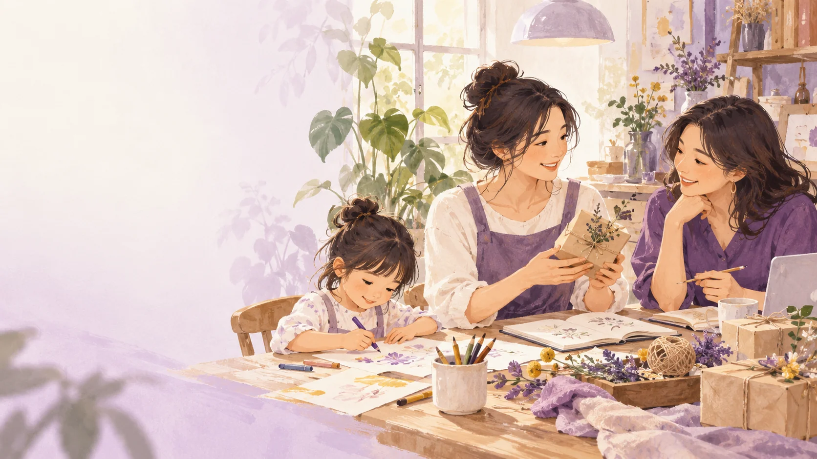 女性與孩子在工作桌旁交流的 AI 情境示意插畫,非本次活動實景